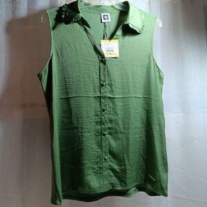Anne Klein Ruffle Collar Sleeveless Button-Up Top Green Size M NWT